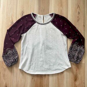 Maurices Long Sleeve Top Medium Multicolor Sheer Sleeve Boho Geometric Wine